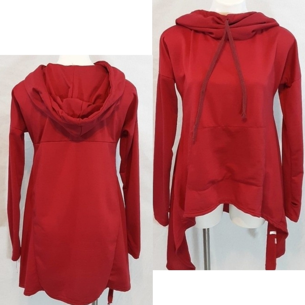 Women’s Oversized Red Pullover Hoodie Sweater Small Asymmetrical Hem Casual Cozy